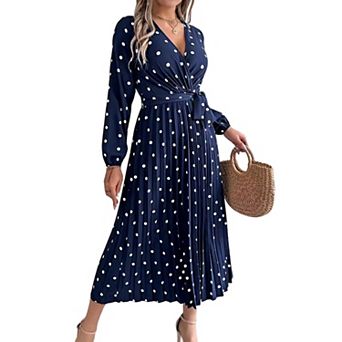 Women's Polka Dot Wrap V-Neck Long Sleeve Pleated Midi Dress with Waist Belt