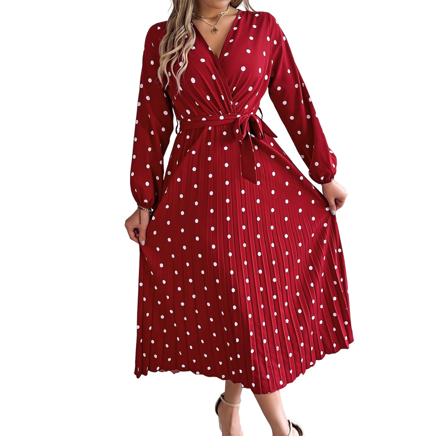 Женские платья Polka Dot Wrap V-Neck Long Sleeve Pleated Midi Dress with Waist Belt