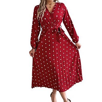 Women's Polka Dot Wrap V-Neck Long Sleeve Pleated Midi Dress with Waist Belt