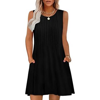 Women's Casual Crewneck Sleeveless A-Line Swing Dress with Pockets for Vacation & Daily Wear