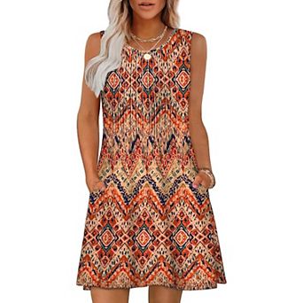 Women's Casual Crewneck Sleeveless A-Line Swing Dress with Pockets for Vacation & Daily Wear