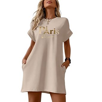 Women's Paris Print Crew Neck T-Shirt Dress with Pockets, Casual Loose Short Sleeve Midi Dress