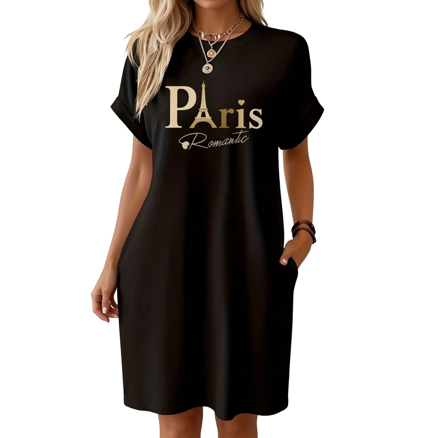 Женские платья Paris Print Crew Neck T-Shirt Dress with Pockets, Casual Loose Short Sleeve Midi Dress