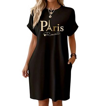 Women's Paris Print Crew Neck T-Shirt Dress with Pockets, Casual Loose Short Sleeve Midi Dress