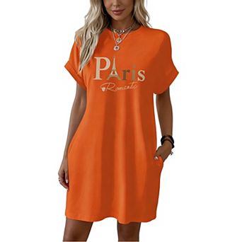 Women's Paris Print Crew Neck T-Shirt Dress with Pockets, Casual Loose Short Sleeve Midi Dress