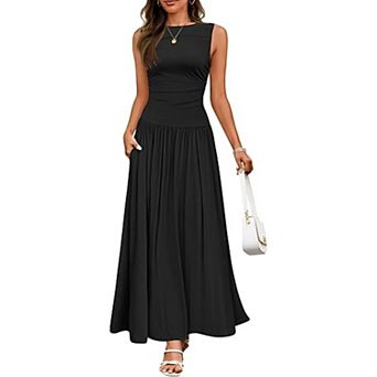 Women's Sleeveless Round Neck Maxi Dress with Pockets, Pleated Elegant Casual Long Dress
