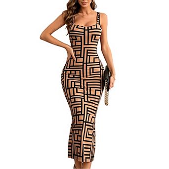 Women's Sleeveless Bodycon Maxi Dress Geometric Print Square Neck Party Mermaid Dress