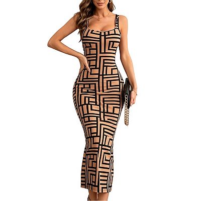 Women's Sleeveless Bodycon Maxi Dress Geometric Print Square Neck Party  Mermaid Dress