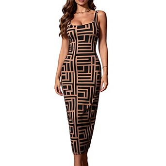 Women's Sleeveless Bodycon Maxi Dress Geometric Print Square Neck Party Mermaid Dress