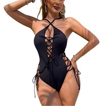 Women's Crisscross Halter Lace-Up One Piece Swimsuit, Cutout Monokini for Beach