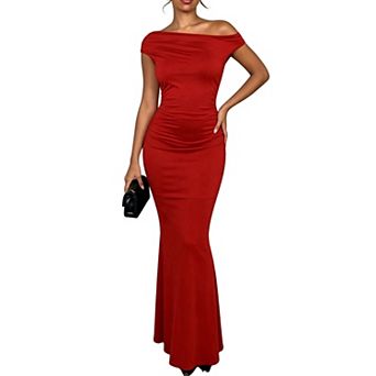 Women's Wavy Textured Off-Shoulder Ruched Bodycon Maxi Dress