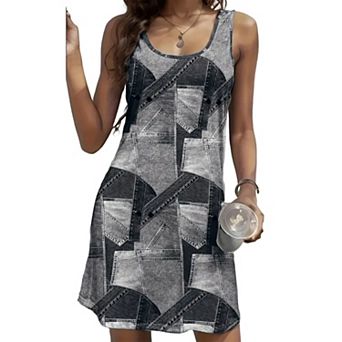 Women's Denim-Inspired U-Neck Sleeveless Mini Dress Casual Shift Dress