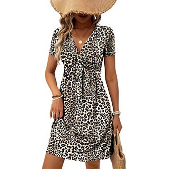 Women's V-Neck Twist Front Short Sleeve Casual Cotton A-Line Swing Dress