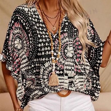 Women's V-Neck Mandala Print Blouse Short Batwing Sleeve Casual Vacation Top