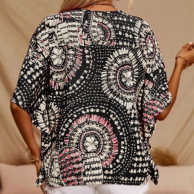 Women's V-Neck Mandala Print Blouse Short Batwing Sleeve Casual Vacation Top