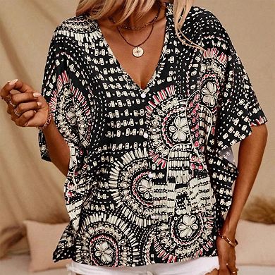 Women's V-Neck Mandala Print Blouse Short Batwing Sleeve Casual Vacation Top