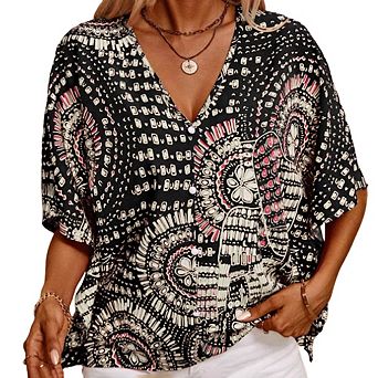 Women's V-Neck Mandala Print Blouse Short Batwing Sleeve Casual Vacation Top