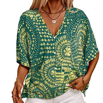 Women's V-Neck Mandala Print Blouse Short Batwing Sleeve Casual Vacation Top