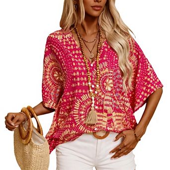 Women's V-Neck Mandala Print Blouse Short Batwing Sleeve Casual Vacation Top