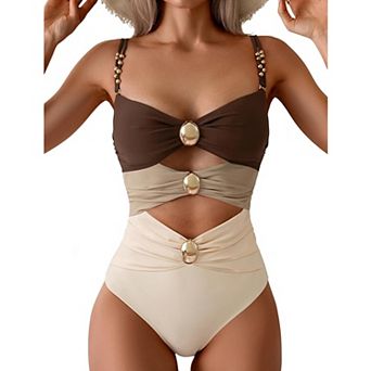 Women's Color Block Cutout One Piece Swimsuit Metal Detail Beaded Strap Bathing Suit
