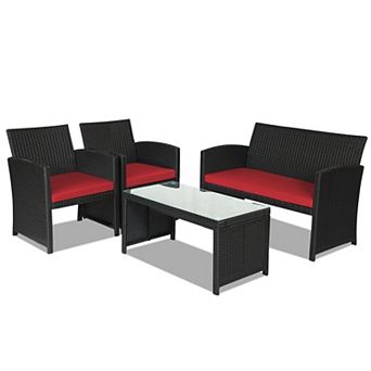 4 pc Rattan Patio Furniture Set with Weather Resistant Cushions and Tempered Glass Tabletop