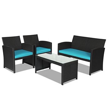 4 pc Rattan Patio Furniture Set with Weather Resistant Cushions and Tempered Glass Tabletop