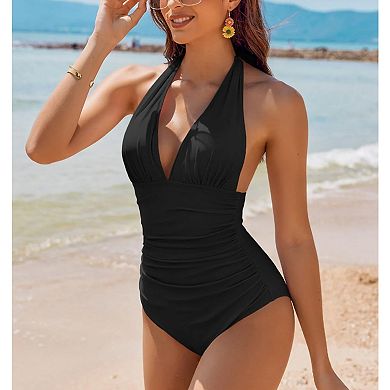 Women's Halter One Piece Swimsuit Ruched Tummy Control Backless Bathing Suit