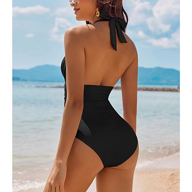 Women's Halter One Piece Swimsuit Ruched Tummy Control Backless Bathing Suit