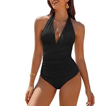 Women's Halter One Piece Swimsuit Ruched Tummy Control Backless Bathing Suit