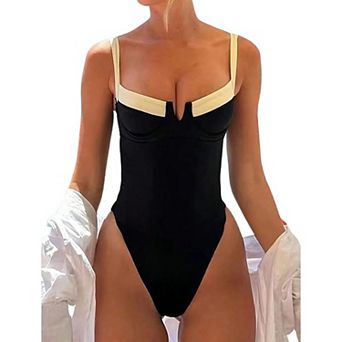 Women's Color Block One Piece Swimsuit Underwire Tummy Control Back Tie Bathing Suit
