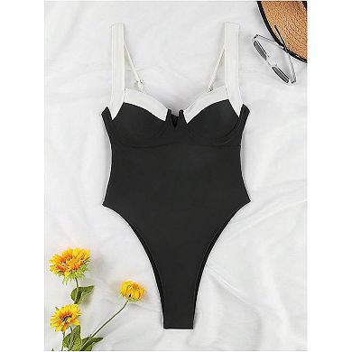 Women's Color Block One Piece Swimsuit Underwire Tummy Control Back Tie Bathing Suit