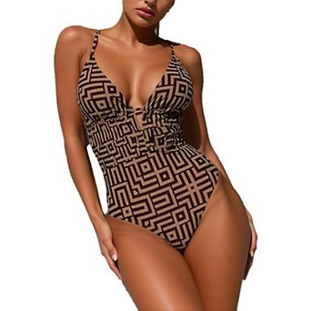 Women's Geometric Print Halter One Piece Swimsuit Tummy Control Backless Bathing Suit