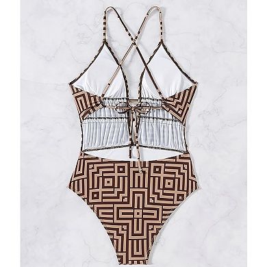 Women's Geometric Print Halter One Piece Swimsuit Tummy Control Backless Bathing Suit