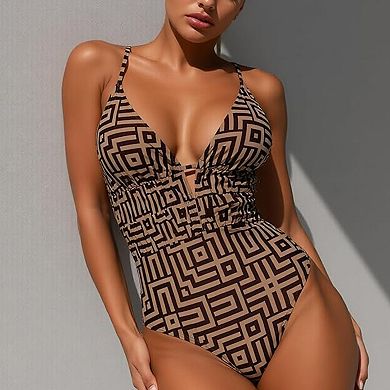 Women's Geometric Print Halter One Piece Swimsuit Tummy Control Backless Bathing Suit