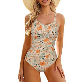 Women's Floral Print One Piece Swimsuit Ruched Tummy Control Backless Bathing Suit