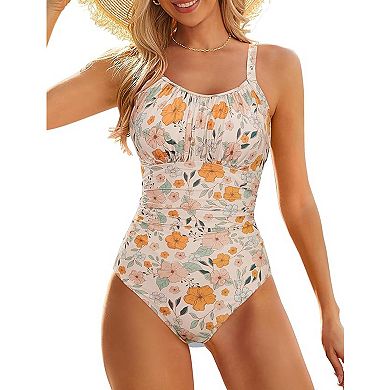 Women's Floral Print One Piece Swimsuit Ruched Tummy Control Backless Bathing Suit
