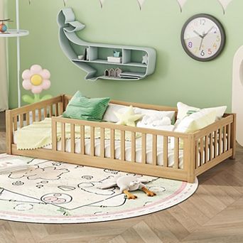 Twin Size Kids Montessori Floor Bed with Slats Solid Wood Natural