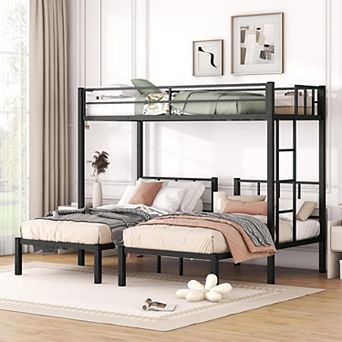 Twin Triple Metal Bunk Bed with Built-in Table Divides into 3 Single Beds Noise Reducing Black