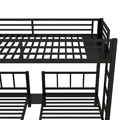 Twin Triple Metal Bunk Bed with Built-in Table Divides into 3 Single Beds Noise Reducing Black