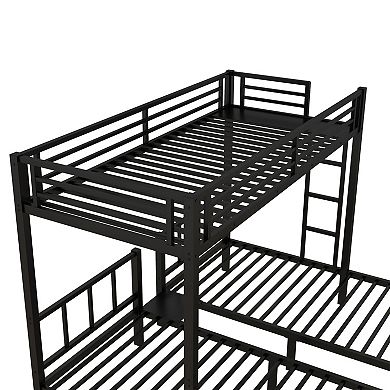 Twin Triple Metal Bunk Bed with Built-in Table Divides into 3 Single Beds Noise Reducing Black