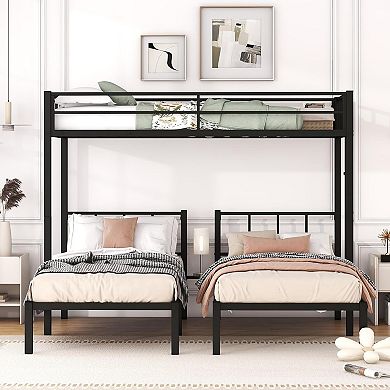 Twin Triple Metal Bunk Bed with Built-in Table Divides into 3 Single Beds Noise Reducing Black