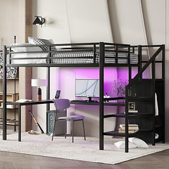 Full Size Metal Loft Bed with Desk Wardrobe Storage Stairs LED Lights Charging Station Black