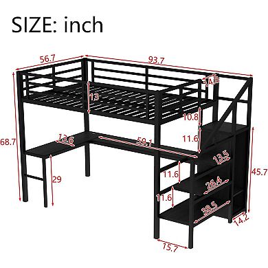 Full Size Metal Loft Bed with Desk Wardrobe Storage Stairs LED Lights Charging Station Black
