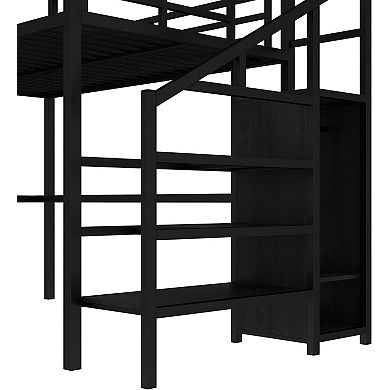 Full Size Metal Loft Bed with Desk Wardrobe Storage Stairs LED Lights Charging Station Black