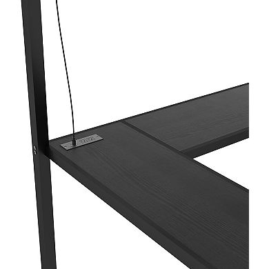 Full Size Metal Loft Bed with Desk Wardrobe Storage Stairs LED Lights Charging Station Black