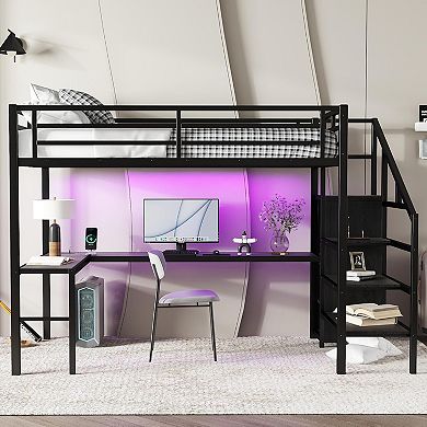 Full Size Metal Loft Bed with Desk Wardrobe Storage Stairs LED Lights Charging Station Black