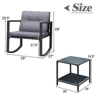 3-Piece Patio Rattan Set with Rocking Chair and Table