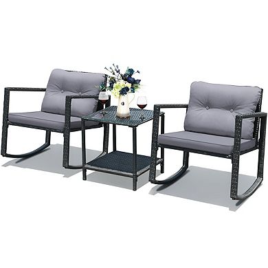 3-Piece Patio Rattan Set with Rocking Chair and Table