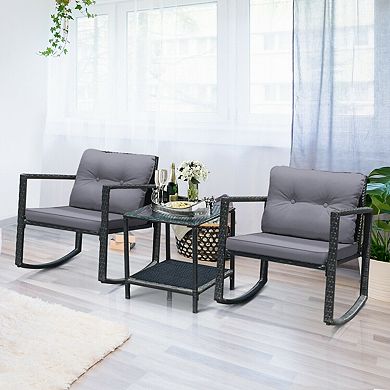 3-Piece Patio Rattan Set with Rocking Chair and Table