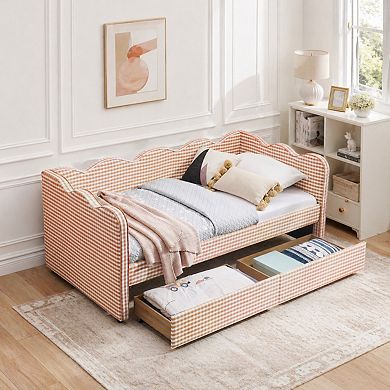 Heybly Twin Size Cozy Gingham Daybed with Storage Drawers, USB Port, Linen Fabric